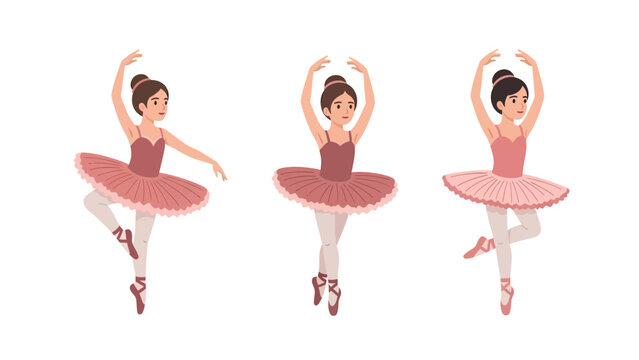 Three young ballet dancers in pink tutus performing graceful poses on a white background.