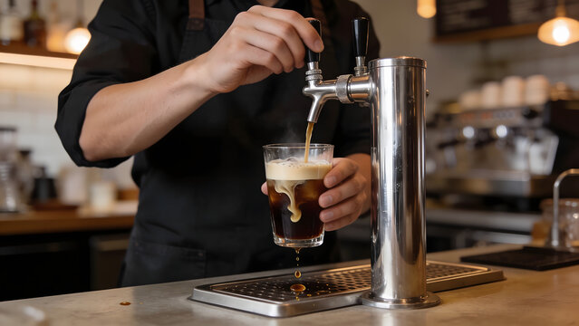Headless Barista Pouring Nitro Cold Brew Coffee From Tap in Modern Cafe