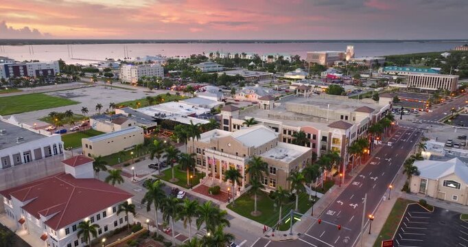 Aerial view of Punta Gorda, Florida featuring historic district, traditional architecture and charming small town streets at sunset.