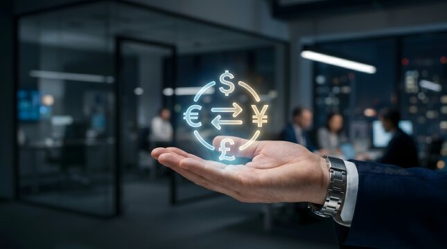 Global Currency Exchange and Foreign Exchange Trading Concept with Holographic Forex Symbols and International Financial Transfer Technology