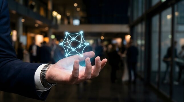 Abstract Digital Network Connection Hologram Floating Above Business Hand in Modern Corporate Technology Environment