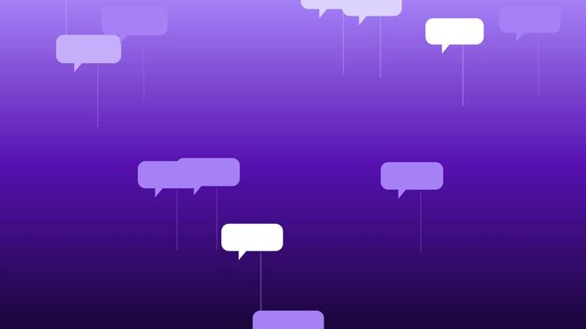 Floating speech bubbles animation on purple gradient animation background, for social media communication