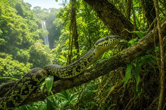 Green tree python coiled on mossy branch in lush tropical rainforest with scenic waterfall background, exotic wildlife concept