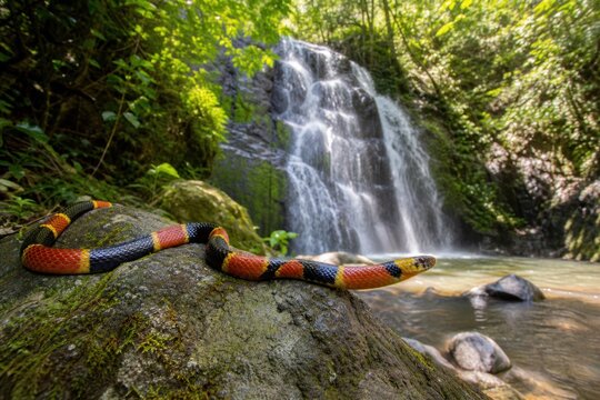 Coral snake slithering on mossy rock near tropical waterfall in lush green rainforest, vibrant wildlife scene