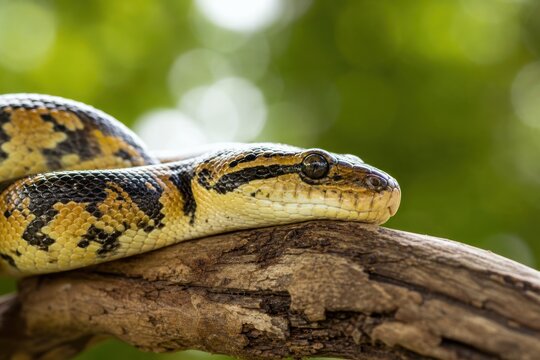 Python snake resting on textured tree branch in lush green tropical forest, close-up macro view of detailed scales and eye, wild reptile concept