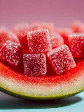 Vibrant red sugar-coated gummy cubes arranged on a fresh watermelon slice against a pink background creating a playful and colorful summer treat scene