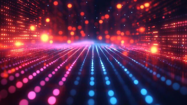 Abstract digital technology background with glowing pink and blue neon dots grid perspective and bokeh lights