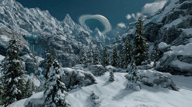 Alien ringed planet visible above snowy mountain landscape with pine trees.
