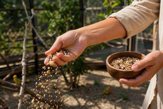 Hands of a caring person scattering mixed birdseed from a rustic wooden bowl in an outdoor aviary sanctuary, feeding colorful parrots in soft natural sunlight.