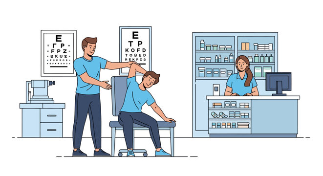 Optometrist examining patients neck during eye exam.