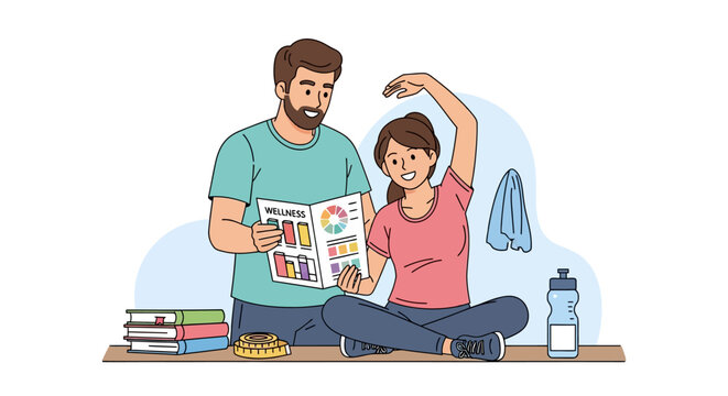 Man and woman exercising and reading a health magazine.