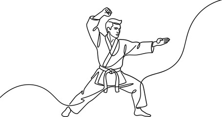 Continuous single line drawing of a karate practitioner in a fighting stance. © Dhea