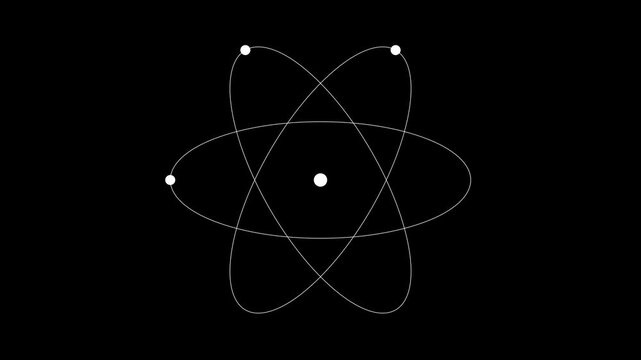 Minimalist atom model animation with orbiting electrons on animation black background