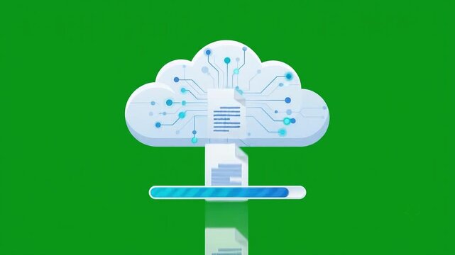 Cloud storage data upload progress animation with green screen background for technology concepts