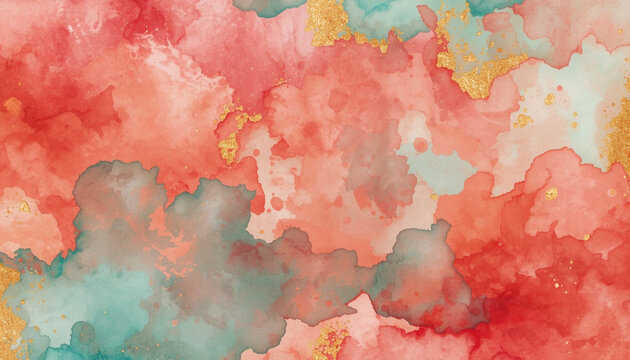 Watercolor Wash Coral Teal Gold Artisan Paint Texture Banner