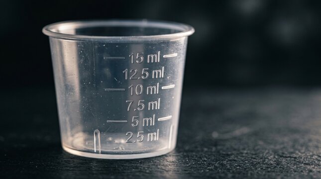 Close-up of an empty clear plastic medicine measuring cup with milliliter scale on a dark background.