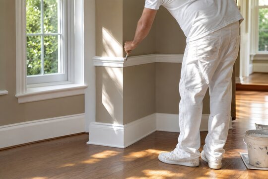 Professional male painter in white overalls painting elegant crown molding and wainscoting trim in bright modern living room with natural sunlight, home renovation concept