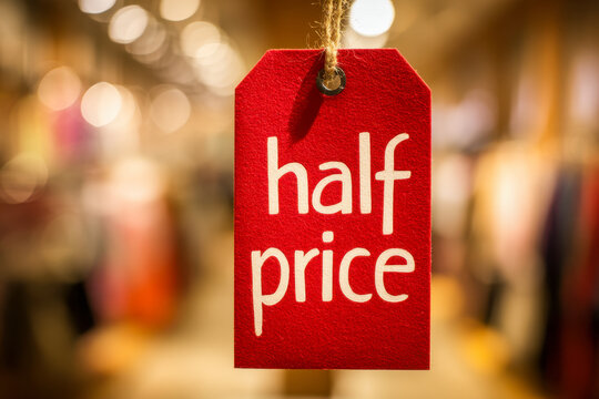 Red discount tag with half price text hanging by twine in front of blurred store background highlighting a special sale offer with warm lighting effects
