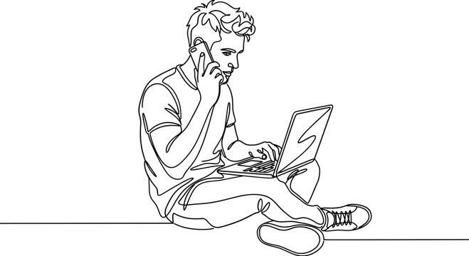 A continuous line drawing of a young man multitasking with a phone and a laptop.