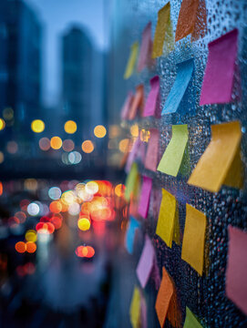 Colorful sticky notes on a rain-covered glass window overlooking a blurred cityscape with vibrant vehicle lights during a rainy evening commute