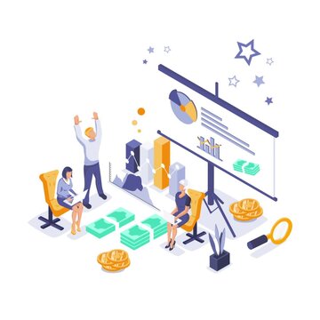Professional business team analyzing financial growth charts in this isometric animated corporate data motion video clip