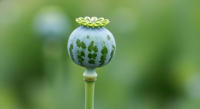 Close up of a green poppy seed pod with soft green bokeh background detail