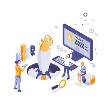 Creative team launches digital startup project using isometric rocket animation in this modern business motion clip