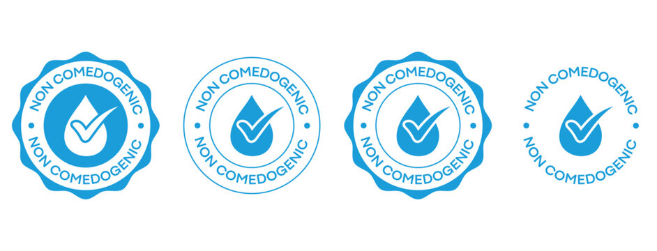 Non Comedogenic Badge Vector Icon Set, Blue Cosmetic Stamp and Packaging Label Design Elements featuring Water Drop with Check Mark
