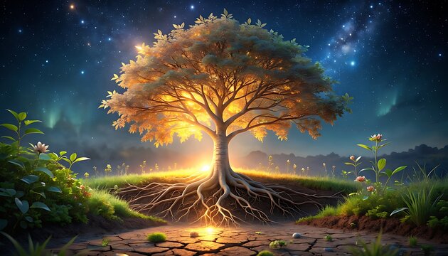 A resilient tree stands strong on cracked earth with deep roots under a starry night sky with aurora lights.