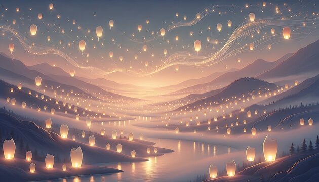 The serene landscape showcases Resilience with mountains, lake, and floating lanterns under a starry night sky with warm glowing lights and peaceful ambiance.