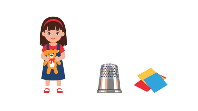 A young girl holding a teddy bear, standing next to a thimble and colorful fabric squares, representing crafting and sewing.