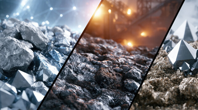 Triple split screen composition of rocky texture, glowing industrial landscape, and geometric mineral form, abstract 3d render with contrast between cold metal, dark stone, and bright light