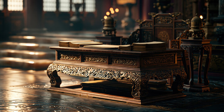 Ornate wooden desk in dim palace hall with stacked book and carved detail, cinematic interior scene with warm light and imperial elegance