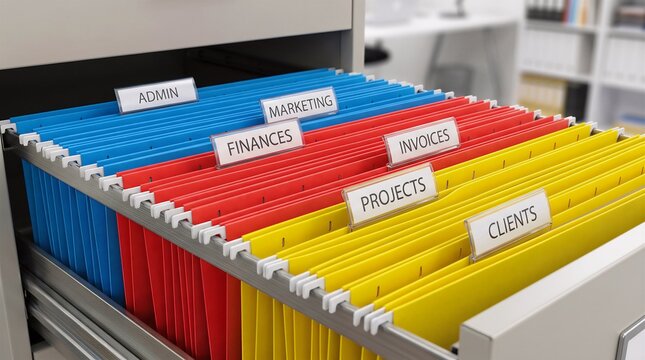Open office filing cabinet drawer containing colorful hanging folders with categorized labels like admin marketing finances invoices projects clients for organized business document storage.