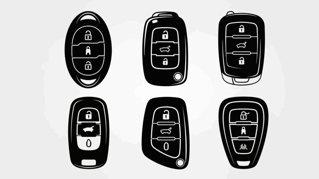 Black Icons of Modern Car Keys with Lock, Unlock, and Trunk Buttons, Vector Illustration