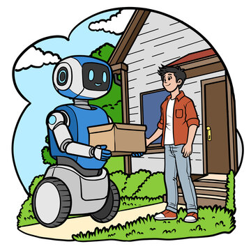 Automated package delivery drone robot on wheels cartoon graphic