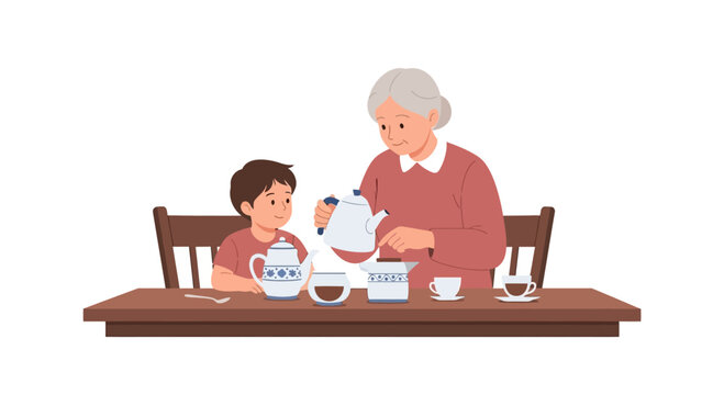 Grandmother pouring tea for grandson at table, family bonding, cozy moment, generation gap