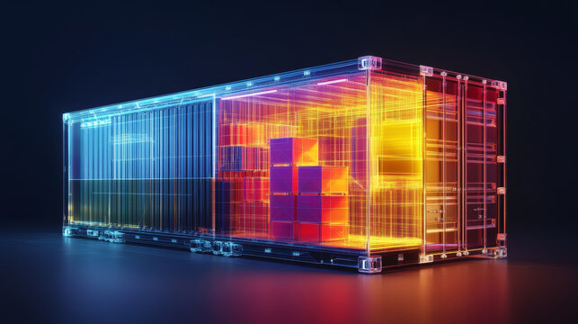 Futuristic glowing transparent cargo shipping container with boxes inside, 3D rendering smart logistics concept