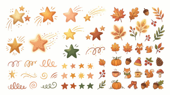 Autumn Stars and Cute Forest Animals Clipart Set, Fall Leaves, Pumpkins