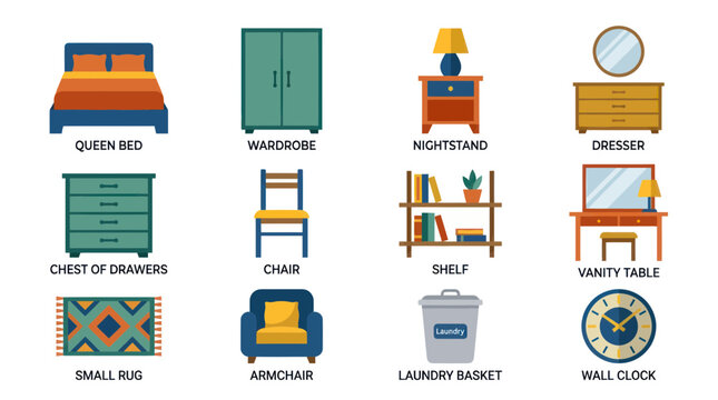 Collection of Furniture and Home Decor Items - Flat Design Icons