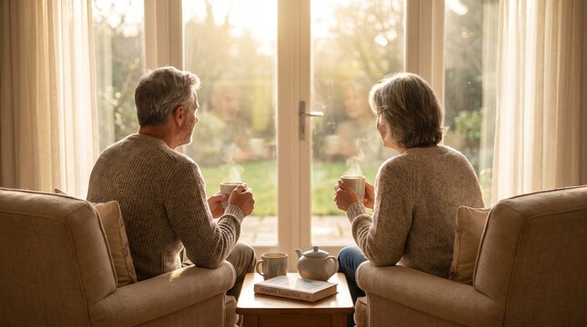 Mature couple sitting on armchairs holding steaming tea cups at home