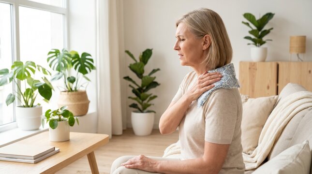 Mature woman applying a cold pack on her painful shoulder at home