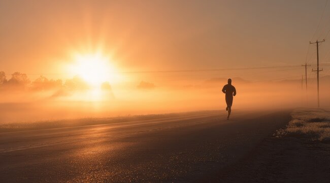 Lone male runner jogging on road during misty sunrise with exercise training wellness silhouette distance endurance motivation lifestyle solitude atmosphere movement dedication aspiration
