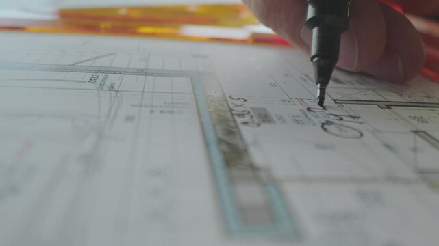 Architect working on detailed construction blueprints using professional drafting tools in a focused engineering workspace.