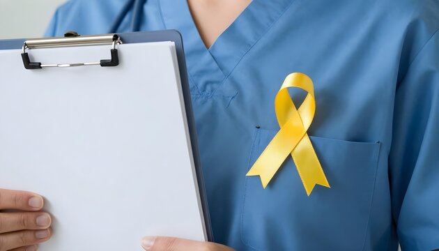 A nurse displays a clipboard and yellow ribbon, highlighting the importance of medical IDs and patient safety awareness