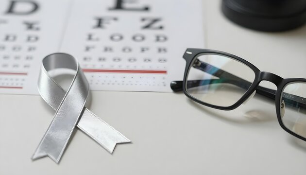 Silver ribbon and glasses on a white background, emphasizing awareness for medical IDs and patient safety initiatives