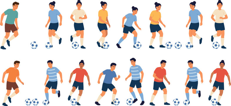 Soccer Players Training Set with Male and Female Athletes Dribbling Footballs in Various Running Poses for Sports Analytics, Coaching Guides, and Athletic Graphic Designs