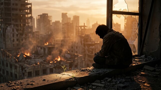 Sad man sitting by a window in a war-torn city looking at a small plant