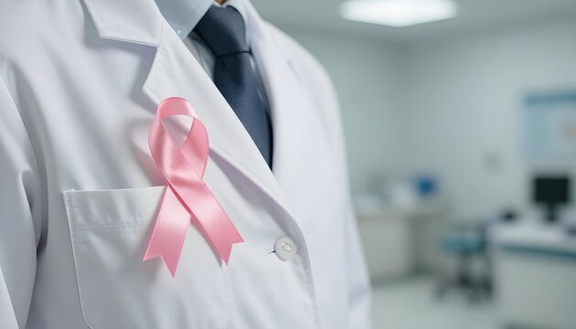 A man wearing a lab coat presents a pink ribbon, representing MedicAlert Awareness Month and the importance of medical IDs
