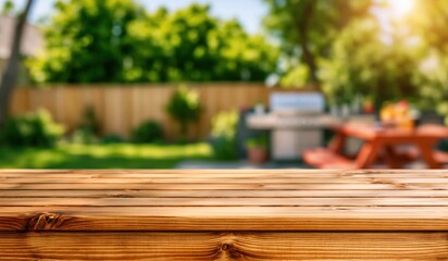 Fototapeta premium Table surface of empty wooden rustic wood for outdoor garden product display blur